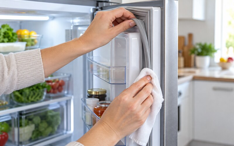 Buzdolabı kapısındaki lastik contayı kontrol edip temizleyen kişi