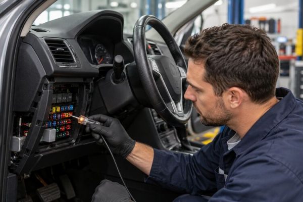 Araç kornası arızası için sigorta kutusunu kontrol eden teknisyen