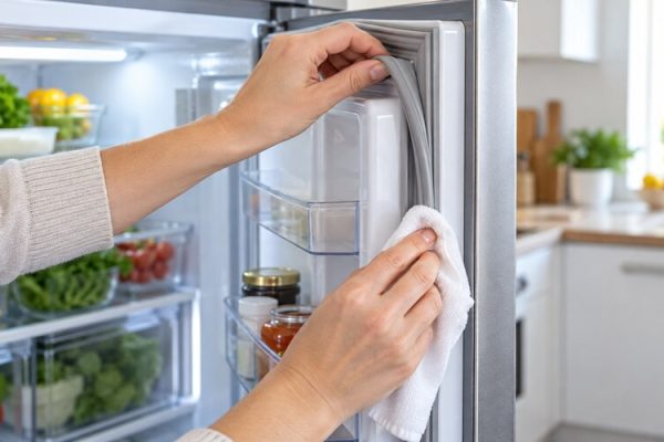 Buzdolabı kapısındaki lastik contayı kontrol edip temizleyen kişi