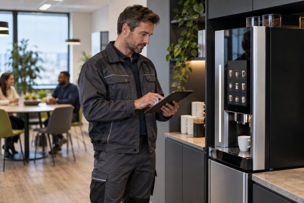 Ofiste kahve otomatı sorununu tabletten bildiren görevli