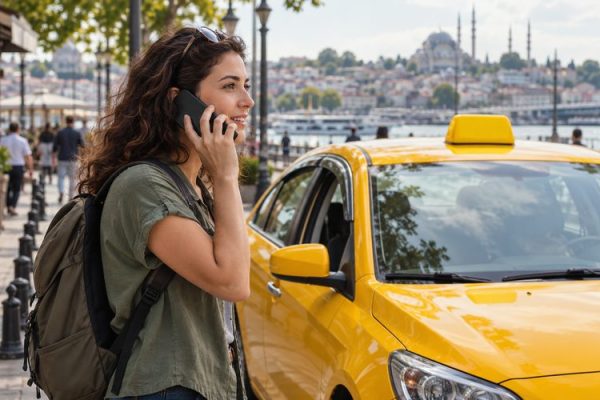Sarı taksinin yanında telefonla görüşen yolcu
