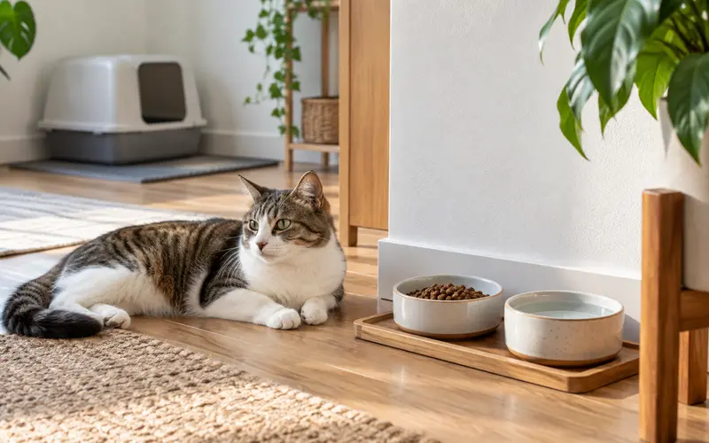 Kedi mama ve su kaplarının doğru yerleşimi