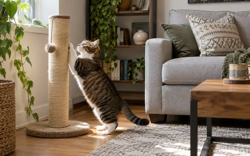 Tırmalama tahtasını kullanan kedi