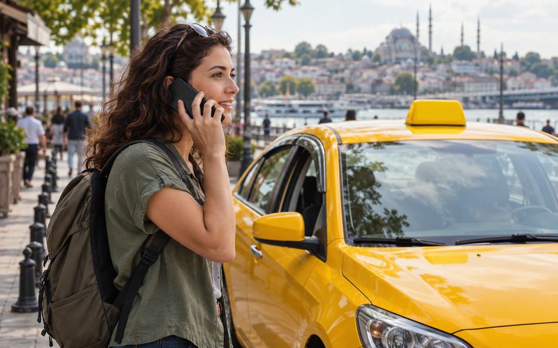 Sarı taksinin yanında telefonla görüşen yolcu
